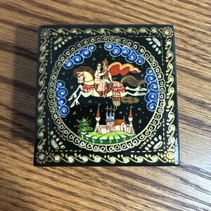 Vintage Russian Black Lacquer Wooden Double Deck Trinket Box Hand Painted